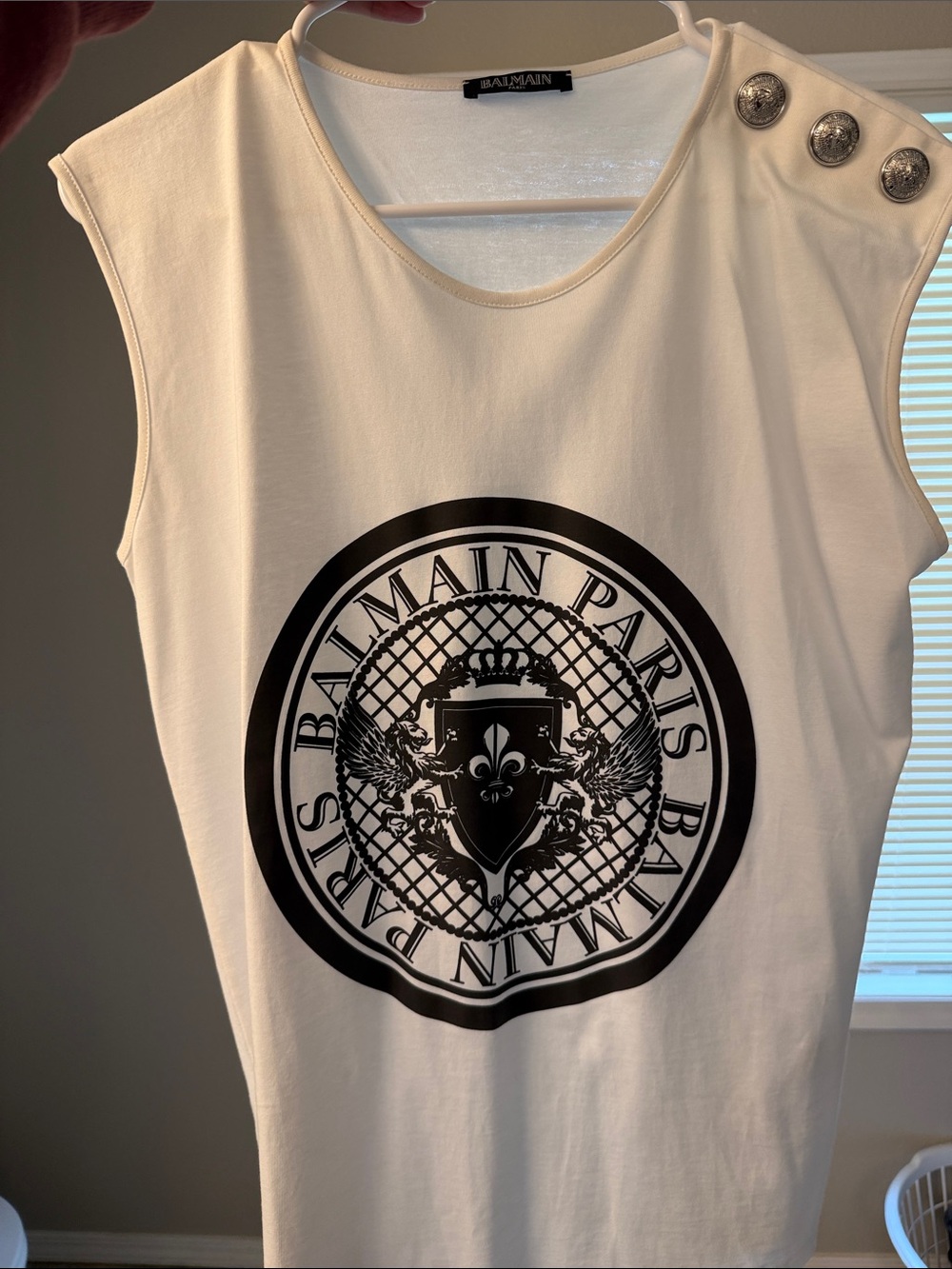 Balmain Cream Tank with Black Logo and Shoulder Buttons